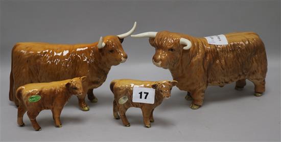 A Beswick Highland cattle family comprising bull 2008, cow 1740 and two calves 1827D, gloss